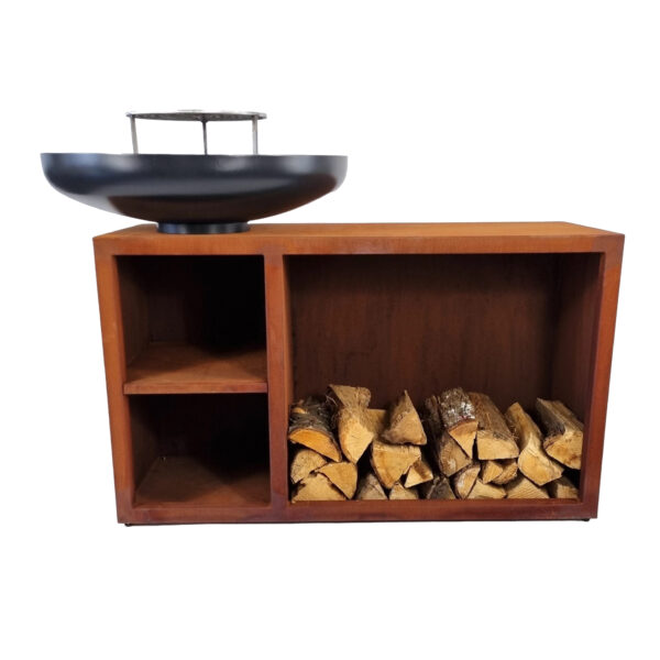 Brasero Meuble Vinci 100 XL - Meuble Acier Corten et Foyer Noir Thermolaqué