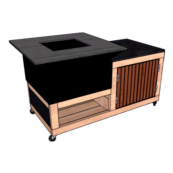 Cuisine extérieure XS avec son Brasero inclus (plancha et grille 12mm) . 1 porte, 1 étagère, caisson range buche sous le brasero.