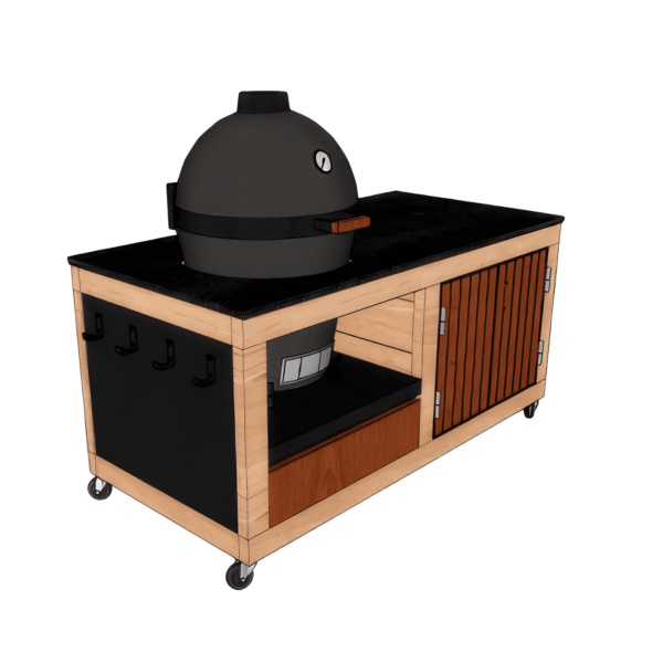 Cuisine extérieure LULU Prestige XS + K avec encastrement sur mesure pour Kamado de taille L ou M. 1 porte, 1 tiroir, 1 étagère.