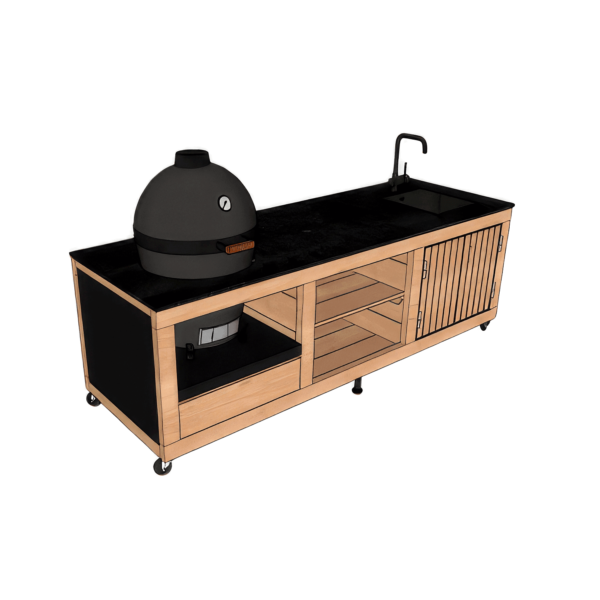 Cuisine extérieure Prestige K+E, encastrement pour Kamado de taille L ou M + évier/mitigeur. 1 porte, 1 tiroir, 1 étagère.
