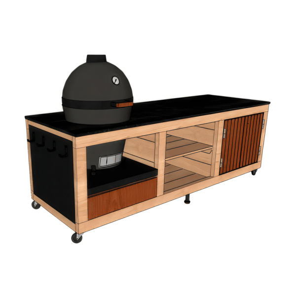 Cuisine extérieure LULU Prestige K avec encastrement sur mesure pour Kamado de taille L ou M. 1 porte, 1 tiroir, 2 étagères.