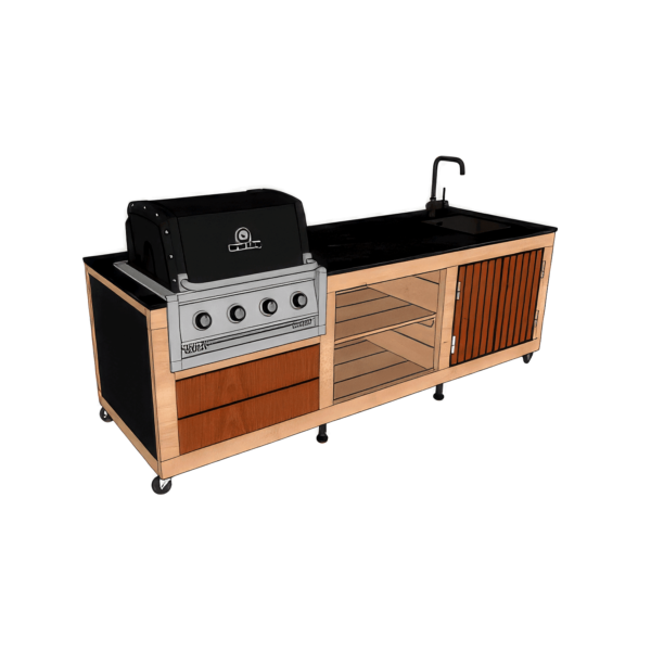 Cuisine extérieure LULU Prestige G+E avec encastrement pour un Barbecue + évier/mitigeur. 1 porte, 2 tiroirs, 1 étagère.