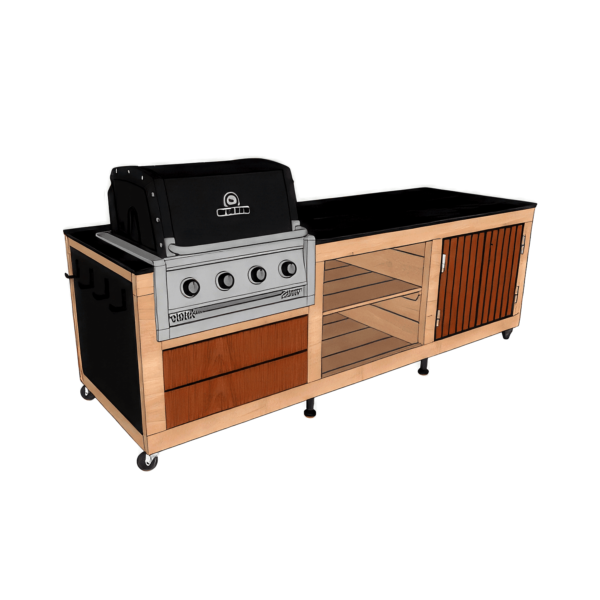Cuisine extérieure LULU Prestige G avec encastrement pour un Barbecue. 1 porte, 2 tiroirs, 1 étagères.